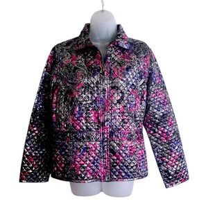 Chicos Metallic Black Pink Reversible Paisley Quilted FullZip Puffer Jacket Sz 2